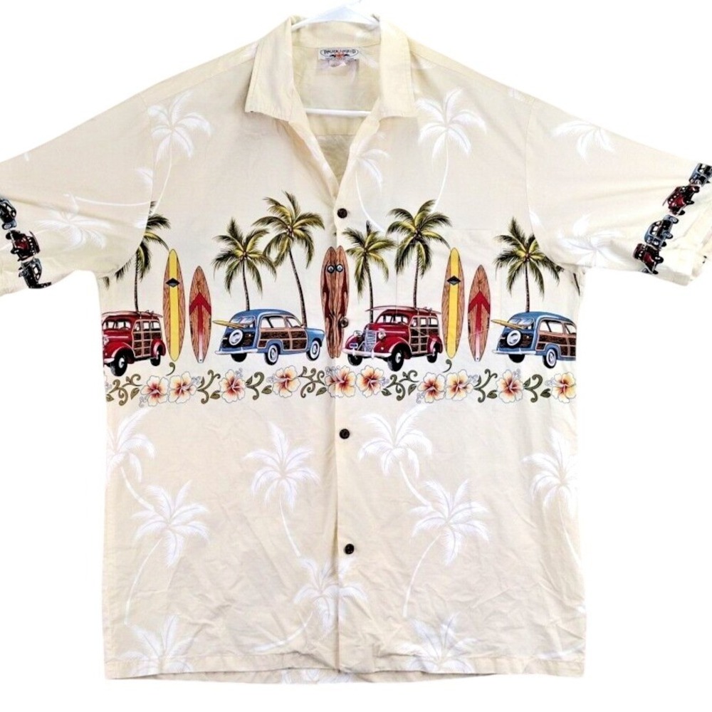 Pacific Legend Mens Large Hawaiian Shirt Aloha Palm Tree Woody Wagon Surfboard‎